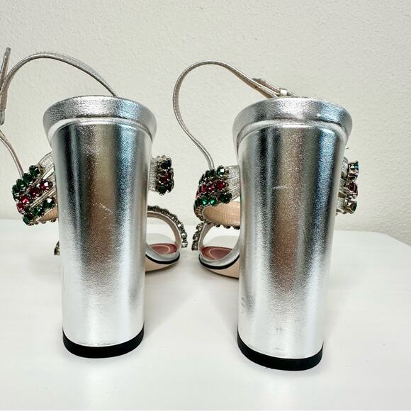NEW GUCCI Bertie Nappa Leather Crystal High Heel Strappy Sandals Size 37 Silver - Picture 5 of 9